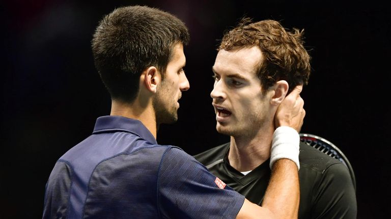 World No. 1 Andy Murray (R) of Britain and No. 2 ranked Novak Djokovic of Serbia congratulate each other after Murray defeated Djokovic 6-3, 6-4 in the final of the ATP World Tour Finals in London on Nov. 20, 2016. (Kyodo via AP Images) ==Kyodo