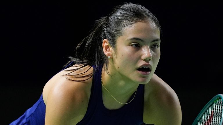 Emma Raducanu of Great Britain in action against Viktoria Hruncakova of Slovakia during the Billie Jean King Cup BJKC 2024 tennis match played between Great Britain and Slovakia at Martin Carpena Pavilion on November 19, 2024, in Malaga, Spain AFP7 19/11/2024 (Europa Press via AP)