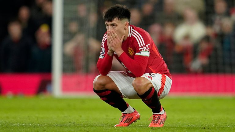 Lisandro Martinez reacts during the Premier League match between Manchester United and Newcastle at Old Trafford (AP Photo/Dave Thompson)