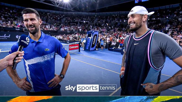 Nick Kyrgios and Novak Djokovic react after their win in Brisbane