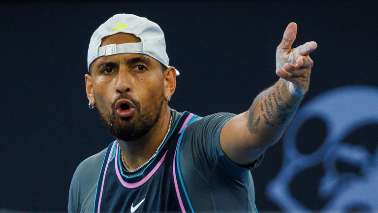 Australia...s Nick Kyrgios reacts after a point against France...s Giovanni Mpetshi Perricard during their men...s singles match at the Brisbane International tennis tournament in Brisbane on December 31, 2024. (Photo by Patrick HAMILTON / AFP) / -- IMAGE RESTRICTED TO EDITORIAL USE - STRICTLY NO COMMERCIAL USE --